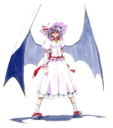 Rule 34 | 1girl, arms at sides, bad id, bad pixiv id, bat wings, blush, bow, clenched hands, dress, full-face blush, full body, hair between eyes, hat, light purple hair, looking at viewer, mob cap, pink dress, puffy short sleeves, puffy sleeves, red eyes, remilia scarlet, shadow, shiratama (hockey), footwear bow, shoes, short hair, short sleeves, smile, socks, solo, touhou, traditional media, white background, wings, wrist cuffs