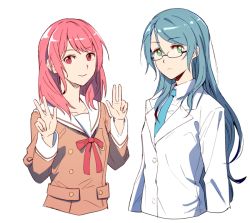 Rule 34 | 2girls, akni, bang dream!, black-framed eyewear, blue hair, blue neckwear, brown coat, buttons, closed mouth, coat, collarbone, collared shirt, commentary request, glasses, green eyes, hair between eyes, hikawa sayo, lab coat, long hair, long sleeves, looking at viewer, maruyama aya, multiple girls, necktie, pink eyes, pink hair, red neckwear, sailor collar, shirt, simple background, smile, upper body, w, white background, white sailor collar, white shirt