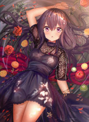 Rule 34 | 1girl, :o, ame sagari, apple, arm up, black dress, black hair, blush, breasts, commentary request, dress, flower, food, fruit, hair between eyes, long hair, looking at viewer, lying, on back, original, parted lips, partially submerged, purple eyes, red apple, red flower, red rose, rose, shallow water, short sleeves, small breasts, solo, very long hair, water
