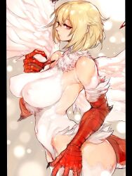 Rule 34 | 1girl, bare shoulders, blonde hair, body fur, breasts, chimera, claws, covered erect nipples, covered navel, dragon tail, dungeon meshi, falin touden, falin touden (chimera), feathered wings, feathers, from side, fumio (rsqkr), highres, large breasts, monster girl, red eyes, red scales, short hair, solo, tail, talons, white feathers, white fur, wings