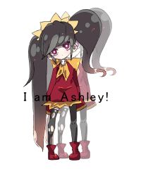Rule 34 | 1girl, artist request, ashley (warioware), asymmetrical legwear, bad id, bad pixiv id, black hair, blush, character name, english text, long hair, mario (series), nintendo, pantyhose, pigeon-toed, red eyes, simple background, skull, sleeves past wrists, solo, standing, thighhighs, torn clothes, torn legwear, twintails, uneven legwear, uneven twintails, very long hair, warioware, white background