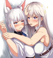 Rule 34 | 2girls, against wall, anger vein, angry, animal ear fluff, animal ears, azur lane, bare shoulders, black neckwear, blue eyes, blunt bangs, blush, breast press, breasts, clenched teeth, commentary request, enterprise (azur lane), food, fox ears, holding another&#039;s wrist, hot melon, japanese clothes, kaga (azur lane), kimono, large breasts, long hair, long sleeves, looking at another, multiple girls, necktie, parted lips, pocky, purple eyes, shiny skin, shirt, short hair, simple background, sleeveless, sleeveless shirt, sparkle, symmetrical docking, teeth, trembling, very long hair, white background, white hair, white kimono, wide sleeves, yuri