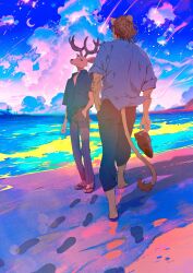 Rule 34 | 2boys, animal ears, antlers, barefoot, beach, beastars, black footwear, cloud, cloudy sky, commentary, deer antlers, deer boy, deer ears, deer tail, english commentary, flip-flops, footprints, furry, furry male, highres, holding, holding shoes, horns, ibuki (beastars), lion boy, lion ears, lion mane, lion tail, looking at another, louis (beastars), male focus, meteor shower, multiple boys, ocean, sandals, shoes, sky, tail, tattoo, toro402
