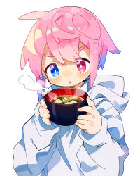 Rule 34 | 1boy, :o, absurdres, blowing, blowing on food, blue eyes, blush, blush stickers, bowl, bright pupils, commentary request, cowlick, food, heterochromia, highres, holding, holding bowl, hood, hood down, hoodie, light blush, long sleeves, looking down, male focus, original, parted lips, pink hair, raito-kun (uenomigi), red eyes, simple background, solo, soup, uenomigi, upper body, v-shaped eyebrows, white background, white hoodie, white pupils