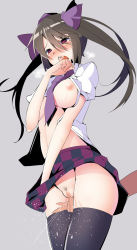 Rule 34 | 1boy, 1girl, black hair, black thighhighs, blush, bow, breasts, breath, checkered clothes, checkered skirt, clothes lift, female ejaculation, fingering, fingering from behind, hair bow, hat, hetero, highres, himekaidou hatate, hira (nanika no heya), long hair, necktie, nipples, no panties, open mouth, out of frame, pussy, pussy juice, red eyes, shirt lift, skirt, solo focus, tears, thighhighs, tokin hat, touhou, twintails, uncensored
