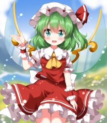 Rule 34 | 1girl, blurry, blurry background, blush, commentary request, cosplay, cowboy shot, daiyousei, fairy wings, flandre scarlet, flandre scarlet (cosplay), frilled skirt, frills, green eyes, green hair, hat, hat ribbon, highres, looking at viewer, mob cap, open mouth, outdoors, red ribbon, red skirt, red vest, ribbon, ruu (tksymkw), shirt, short hair, short sleeves, skirt, solo, touhou, vest, white hat, white shirt, wings, wrist cuffs