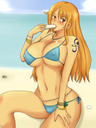 Rule 34 | 1girl, belly chain, bikini, breasts, brown eyes, covered erect nipples, earrings, food, highres, huge breasts, jewelry, long hair, momo 765, nami (one piece), navel, necklace, one piece, orange hair, popsicle, sexually suggestive, side-tie bikini bottom, swimsuit, tattoo