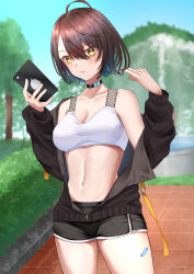 Rule 34 | 1girl, absurdres, ahoge, azur lane, baltimore (azur lane), baltimore (black ace) (azur lane), bandaid, bandaid on leg, bare shoulders, black jacket, black shorts, blue sky, breasts, brown hair, cellphone, choker, cleavage, closed mouth, collarbone, commentary, cowboy shot, day, fountain, groin, hair between eyes, highres, holding, holding phone, jacket, konparu uran, long sleeves, looking at viewer, medium breasts, midriff, navel, off shoulder, official alternate costume, outdoors, park, phone, short hair, short shorts, shorts, sidelocks, sky, smartphone, solo, sports bra, sportswear, standing, tree, white sports bra, yellow eyes, zipper pull tab