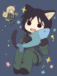 Rule 34 | 2girls, animal, animal ears, black eyes, black gloves, black hair, blonde hair, blue eyes, cat ears, cat girl, cat tail, chito (shoujo shuumatsu ryokou), coat, fish, gloves, green coat, green pants, highres, hishimatope, holding, holding animal, holding fish, long hair, long sleeves, looking at another, low twintails, multiple girls, pants, parted lips, shoujo shuumatsu ryokou, smile, tail, twintails, yuuri (shoujo shuumatsu ryokou)