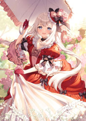 Rule 34 | 1girl, artist name, baby&#039;s-breath, blue eyes, bow, dress, fate/grand order, fate (series), floral print, flower, gloves, hat, hat bow, hat flower, highres, holding, holding umbrella, long hair, looking at viewer, marie antoinette (fate), official alternate costume, open mouth, overskirt, parasol, pink flower, pink rose, puffy short sleeves, puffy sleeves, red dress, red gloves, rose, rose print, rosuuri, short sleeves, solo, twintails, umbrella, very long hair, wall, white hair