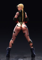 Rule 34 | 1girl, ass, back, blonde hair, boots, braid, braided ponytail, cammy white, camouflage, from behind, full body, highres, kneepits, legs apart, leotard, looking back, salvador trakal, single braid, solo, standing, street fighter, thong leotard