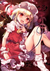 Rule 34 | 1girl, :d, ascot, bat (animal), blonde hair, blush, chisiro unya (unya draw), collared shirt, crystal, fang, feet out of frame, flandre scarlet, frilled shirt collar, frilled skirt, frilled sleeves, frills, hat, highres, laevatein (touhou), looking at viewer, mob cap, no shoes, one side up, open mouth, puffy short sleeves, puffy sleeves, red eyes, red skirt, red vest, shirt, short hair, short sleeves, skirt, skirt set, smile, socks, solo, touhou, vest, white hat, white shirt, white socks, wings, wrist cuffs, yellow ascot