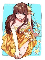 Rule 34 | 1girl, breasts, brown hair, cleavage, collarbone, cropped legs, dress, elbow gloves, floral background, flower, gloves, hair flower, hair ornament, hattori toko, highres, idolmaster, idolmaster cinderella girls, leaning forward, looking at viewer, medium breasts, pon (ponymmtknsk), smile, solo, strapless, strapless dress, thick eyebrows, yellow dress