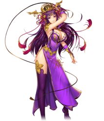 Rule 34 | 1girl, arm up, blunt bangs, breasts, cleavage, contrapposto, dong zhuo (tokimeki general girls x), dress, floating hair, full body, game cg, hair ornament, holding, holding whip, large breasts, long dress, long hair, looking at viewer, official art, purple dress, purple eyes, purple hair, purple thighhighs, shiny clothes, shiny legwear, side slit, sleeveless, sleeveless dress, solo, standing, strapless, strapless dress, thighhighs, tokimeki general girls x, transparent background, very long hair