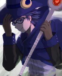 Rule 34 | 1boy, blue cloak, blue hair, brown gloves, cloak, cororo booth, crescent, crescent hat ornament, dokapon kingdom, dust, glasses, gloves, hat, hat ornament, long sleeves, looking at viewer, magician (dokapon), male focus, short hair, smile, solo, upper body, white background, wizard hat