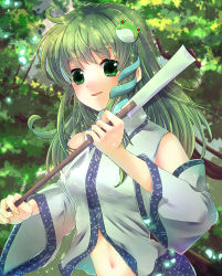 Rule 34 | 1girl, bad id, bad pixiv id, breasts, detached sleeves, forest, frog hair ornament, gohei, green eyes, green hair, hair ornament, hair tubes, kochiya sanae, long hair, md5 mismatch, miruniru, nature, navel, oonusa, open mouth, portrait, smile, snake hair ornament, touhou, tree, upper body