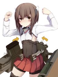 Rule 34 | 10s, 1girl, arms up, arrow (symbol), bike shorts, blush, boots, brown eyes, brown hair, commentary, flexing, headband, kantai collection, momo (higanbana and girl), personification, pleated skirt, short hair, skirt, solo, taihou (kancolle), thigh boots, thighhighs