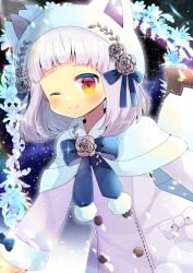 Rule 34 | 1girl, ;), animal ears, animal hat, blue bow, blush, bow, capelet, closed mouth, commentary request, dress, fake animal ears, flower, fur-trimmed capelet, fur-trimmed sleeves, fur trim, hat, kou hiyoyo, long sleeves, looking at viewer, one eye closed, purple dress, purple flower, purple rose, red eyes, rose, silver hair, sky, smile, solo, star (sky), starry sky, tail, vrchat, white capelet, white hat