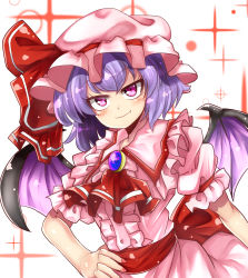Rule 34 | 1girl, absurdres, bat wings, blush, closed mouth, fang, fang out, fingernails, hand on own hip, hat, highres, looking at viewer, mob cap, norori, pink eyes, puffy short sleeves, puffy sleeves, purple hair, remilia scarlet, sharp fingernails, short sleeves, slit pupils, smile, solo, touhou, upper body, wings