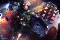Rule 34 | 1boy, artist name, black gloves, blood, blood on face, blood on hands, boots, debris, dutch angle, eddy shinjuku, fingerless gloves, forehead protector, gloves, green eyes, half mask, hatake kakashi, headband, heterochromia, highres, kunai, lips, looking at viewer, male focus, mask, md5 mismatch, naruto, naruto (series), nose, realistic, red eyes, signature, silver hair, sitting, solo, spiked hair, torn clothes, watermark, weapon, web address