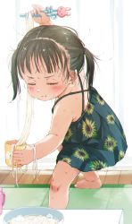 Rule 34 | 1girl, :t, arm up, bare arms, bare shoulders, barefoot, black dress, black hair, blush, child, chopsticks, closed eyes, closed mouth, commentary request, criss-cross halter, cup, curtains, dress, facing viewer, floral print, food, food on face, gomennasai, halterneck, highres, holding, holding chopsticks, holding cup, indoors, mug, noodles, original, print dress, sleeveless, sleeveless dress, solo, standing, sunflower print, sweat, twintails, wooden floor