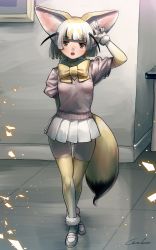 Rule 34 | 1girl, absurdres, animal ears, arm behind back, blonde hair, blunt bangs, bow, bowtie, brown hair, commentary, elbow gloves, fennec (kemono friends), fox ears, fox girl, fox tail, full body, gloves, hand up, highres, indoors, kemono friends, looking at viewer, multicolored hair, open mouth, pink shirt, pleated skirt, shirt, short hair, short sleeves, signature, skirt, solo, standing, tail, thigh gap, thighhighs, tile floor, tiles, two-tone hair, w, welt (kinsei koutenkyoku), white gloves, white hair, white skirt, yellow bow, yellow bowtie, yellow thighhighs, zettai ryouiki