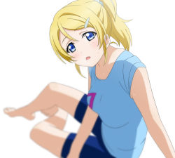 Rule 34 | 10s, 1girl, arm support, ayase eli, bad id, bad pixiv id, barefoot, bike shorts, blonde hair, blue eyes, blurry, depth of field, hair ornament, hairclip, long hair, looking at viewer, love live!, love live! school idol festival, love live! school idol project, official style, ponytail, scrunchie, simple background, sitting, solo, sweat, undershaft