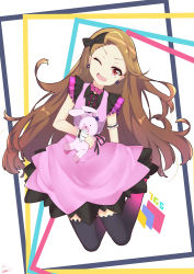 Rule 34 | 1girl, absurdres, black thighhighs, blush, brown hair, earrings, highres, holding, holding stuffed toy, idolmaster, idolmaster (classic), jewelry, long hair, looking at viewer, minase iori, one eye closed, open mouth, peng yong, red eyes, smile, solo, stuffed animal, stuffed toy, thighhighs, very long hair