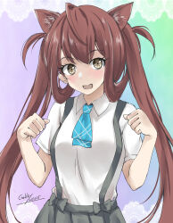 Rule 34 | 1girl, animal ears, artist name, asagumo (kancolle), ascot, blue ascot, brown eyes, brown hair, cat ears, collared shirt, dated, dress shirt, gakky, grey skirt, hands up, highres, kantai collection, long hair, one-hour drawing challenge, open mouth, paw pose, plaid ascot, pleated skirt, shirt, skirt, solo, twintails, upper body, white shirt