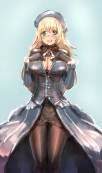 Rule 34 | 10s, 1girl, atago (kancolle), blonde hair, blue background, blue eyes, bow (bhp), breasts, cleavage, crotch seam, gloves, hat, highres, kantai collection, large breasts, long hair, open mouth, pantyhose, personification, simple background, smile, solo