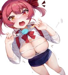 Rule 34 | 1girl, backpack, bag, blue skirt, breasts, cleavage, crime prevention buzzer, hair ribbon, heterochromia, highres, hololive, houshou marine, large breasts, long hair, nyatrix, open mouth, randoseru, red eyes, red hair, red ribbon, ribbon, shirt, shukusei!! loli-gami requiem, skirt, socks, torn clothes, torn shirt, twintails, virtual youtuber, white socks, yellow eyes