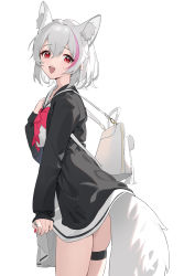 Rule 34 | 1girl, :d, absurdres, animal ear fluff, animal ears, backpack, bag, black jacket, bow, breasts, commentary request, dress, grey hair, hair between eyes, highres, jacket, linnnp, long sleeves, looking at viewer, looking to the side, medium breasts, multicolored hair, nail polish, open clothes, open jacket, open mouth, original, pink hair, red bow, red eyes, red nails, sailor collar, sailor dress, simple background, skirt hold, sleeves past wrists, smile, solo, streaked hair, tail, white background, white dress, white sailor collar, wolf ears, wolf girl, wolf tail
