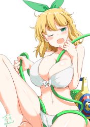 Rule 34 | 10s, 1girl, ;3, ;d, between breasts, bikini, blush, bow, breasts, character name, collarbone, dated, front-tie bikini top, front-tie top, green bow, hair bow, hose, kichihachi, large breasts, looking at viewer, navel, one eye closed, open mouth, ryouna (senran kagura), senran kagura, senran kagura shinovi versus, short hair, simple background, sitting, smile, solo, swimsuit, thighs, twitter username, wavy hair, white background, white bikini