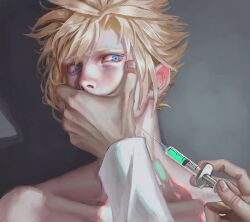Rule 34 | 1boy, blonde hair, blue eyes, cloud strife, collarbone, covering another&#039;s mouth, final fantasy, final fantasy vii, gagged, gagged male, grey background, hand gagged, hand over another&#039;s mouth, hand over another's mouth, highres, holding, holding syringe, injection, lab coat, male focus, out of frame, parted bangs, realistic, short hair, solo, spiked hair, swept bangs, syringe, topless male, upper body, wide-eyed, yaoyao794
