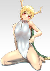 Rule 34 | 1girl, antlers, blonde hair, blush, dragon girl, dragon horns, dragon tail, highres, horns, kicchou yachie, looking at viewer, nekobatake, one-piece swimsuit, red eyes, short hair, swimsuit, tail, touhou, turtle shell, white one-piece swimsuit, yellow horns