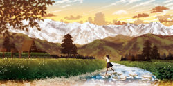 Rule 34 | 1girl, amemura (caramelo), black hair, black thighhighs, building, cloud, grass, highres, landscape, long hair, long image, mountain, original, river, running, scenery, skirt, sky, solo, thighhighs, tree, vocaloid, wide image