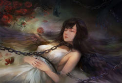 Rule 34 | 1girl, angel wings, black hair, black wings, breasts, chain, chained, chain, collar, covered erect nipples, dress, closed eyes, flower, highres, kyori, large breasts, long hair, metal collar, original, partially submerged, petals, red lips, rose, rose petals, sideboob, solo, white dress, wings