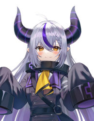 Rule 34 | 1girl, absurdres, ahoge, black horns, blush, braid, churi (oxxchurixxo), closed mouth, commentary request, hair between eyes, highres, hololive, horns, la+ darknesss, long hair, looking at viewer, multicolored hair, pointy ears, purple hair, sleeves past fingers, sleeves past wrists, smile, solo, streaked hair, striped, striped horns, upper body, virtual youtuber, white hair, yellow eyes
