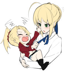 Rule 34 | 2girls, ahoge, artoria pendragon (all), artoria pendragon (fate), belt, blonde hair, blue ribbon, blush, braid, carrying, cheek pinching, chibi, commentary request, cropped torso, crying, denim, denim shorts, closed eyes, fate/apocrypha, fate/stay night, fate (series), french braid, green eyes, highres, mordred (fate), mordred (fate/apocrypha), mordred (memories at trifas) (fate), mother and daughter, multiple girls, navel, open mouth, pinching, ponytail, red scrunchie, ribbon, saber (fate), scrunchie, shirt, shorts, sweat, takatun223, upper body, white shirt, aged down