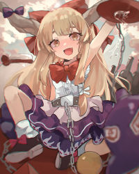 Rule 34 | 1girl, :d, absurdres, arm up, bare shoulders, blurry, blush, bottle, bow, bowtie, brown eyes, brown hair, center frills, chain, commentary request, cup, depth of field, drunk, eyebrows hidden by hair, fang, footwear bow, frills, highres, horn bow, horn ornament, horns, ibuki suika, kani nyan, knee up, long hair, looking at viewer, nose blush, oni horns, open mouth, purple bow, purple skirt, red bow, red bowtie, sakazuki, shirt, sidelocks, skin fang, skirt, smile, solo, sweat, touhou, very long hair, white shirt