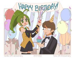 Rule 34 | 1boy, 1girl, 2021, ahoge, anniversary, balloon, beard stubble, black bow, black bowtie, black shorts, black suit, black thighhighs, border, bow, bowtie, brown hair, candle, character name, chorvaqueen, confetti, cupcake, dated, earrings, english text, facial hair, fang, food, formal, green eyes, green hair, green ribbon, happy birthday, hat, holding, holding plate, huge ahoge, inset border, jewelry, long hair, looking at viewer, open mouth, orange border, orange eyes, orange vest, party, party hat, party horn, plate, ponytail, ribbon, shirt, short hair, shorts, sidelocks, skin fang, sonika, star (symbol), star earrings, stubble, suit, thighhighs, tonio, vest, vocaloid, white background, white shirt