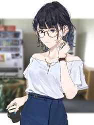 Rule 34 | 1girl, bad id, bad pixiv id, black hair, blue eyes, blue nails, blue skirt, blurry, blurry background, clip studio paint (medium), closed mouth, coffee mug, collarbone, commentary request, cup, earrings, glasses, high-waist skirt, highres, hoop earrings, jewelry, looking at viewer, mole, mole under mouth, mug, nail polish, necklace, off-shoulder shirt, off shoulder, original, round eyewear, saitou (lynx-shrike), shirt, shirt tucked in, short hair, short sleeves, skirt, solo, vending machine, watch, white shirt, wristwatch