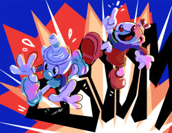Rule 34 | 2boys, brothers, cuphead, cuphead (game), explosion, flying sweatdrops, gloves, index finger raised, male focus, modmad, mugman, multiple boys, open mouth, outstretched arms, retro artstyle, shorts, siblings, smile, sound effects, white gloves