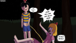 Rule 34 | 1boy, 1girl, absurdres, barefoot, black hair, blonde hair, blouse, bow, dress, feet, forest, grass, highres, hypnosis, mind control, mother (game), mother 2, mushroom, nature, ness (mother 2), nintendo, paula (mother 2), pee, peeing, golden shower, penis, pink dress, red bow, shirt, shorts, striped clothes, striped shirt, toes, tree