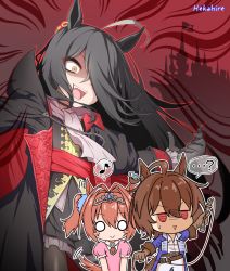 Rule 34 | ..., 3girls, aged down, agnes tachyon (umamusume), ahoge, alternate hair length, alternate hairstyle, animal ears, artist name, ascot, black cloak, black hair, blue coat, blush stickers, castle, castlevania: rondo of blood, castlevania (series), chibi, child, cloak, coat, commentary request, cosplay, daiwa scarlet (umamusume), dracula (castlevania), dracula (castlevania) (cosplay), dress, earrings, eighth note, gloves, grey hair, hair between eyes, hair intakes, hair over one eye, hekahire isurus, high collar, highres, holding, holding whip, horse ears, horse girl, horse tail, jewelry, leather, leather gloves, long bangs, manhattan cafe (umamusume), motion lines, multiple girls, musical note, o o, orange eyes, pink dress, red eyes, richter belmont, richter belmont (cosplay), sharp teeth, shorts, sidelocks, single earring, spoken ellipsis, spoken musical note, tail, teeth, tiara, triangle mouth, twintails, umamusume, white ascot