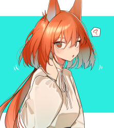 Rule 34 | 1girl, :o, ?, alternate costume, animal ears, aqua background, arknights, blush, casual, earrings, extra ears, flametail (arknights), highres, jewelry, long hair, long sleeves, looking at viewer, looking back, low ponytail, open clothes, open mouth, orange eyes, orange hair, red eyes, red hair, shirt, signal 1120, solo, speech bubble, spoken question mark, squirrel ears, upper body, very long hair, white shirt