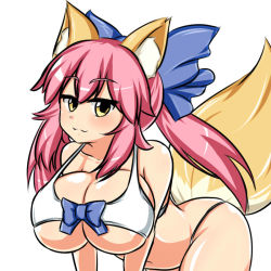 Rule 34 | 10s, 1girl, all fours, animal ears, bikini, breasts, collarbone, fate/extra, fate (series), fox ears, fox tail, hair ribbon, large breasts, looking at viewer, moyashi udon, navel, official alternate costume, pink hair, ribbon, simple background, solo, swimsuit, tail, tamamo no mae (fate/extra), tamamo no mae (sexy bikini) (fate), underboob, white background, yellow eyes