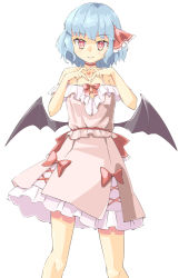 Rule 34 | 1girl, adapted costume, arnest, bat wings, black wings, blue hair, blush, closed mouth, dress, feet out of frame, hair between eyes, heart, heart hands, highres, pink dress, red eyes, remilia scarlet, short hair, simple background, smile, solo, touhou, white background, wings