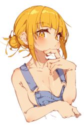 Rule 34 | 1girl, :p, absurdres, bare shoulders, blonde hair, blue overalls, blunt bangs, blush, boku no hero academia, breasts, collarbone, denim, double bun, hair bun, hair up, hand on own chin, hand up, highres, looking at viewer, messy hair, naked overalls, no bra, overall shorts, overalls, parted lips, rasusurasu, short hair, sideboob, sidelocks, solo, suspenders, toga himiko, tongue, tongue out, upper body, white background, yellow eyes
