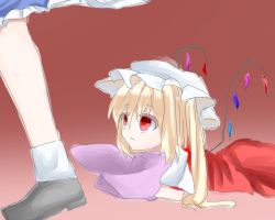 Rule 34 | 2girls, blonde hair, bow, dress, flandre scarlet, hair bow, hat, looking up, lying, maid, mary janes, mob cap, multiple girls, on stomach, parted lips, puffy short sleeves, puffy sleeves, red dress, sea scorpion (umisasori), shoes, short sleeves, side ponytail, skirt, socks, touhou, wings
